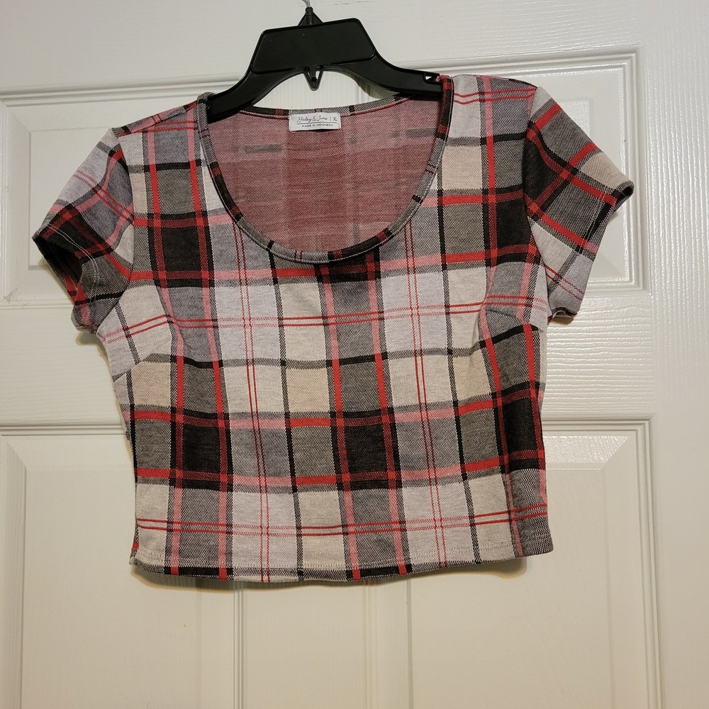 Haley & June Womens XL Red Black White Plaid‎ Scoop Neck Crop Top ST7383-BL